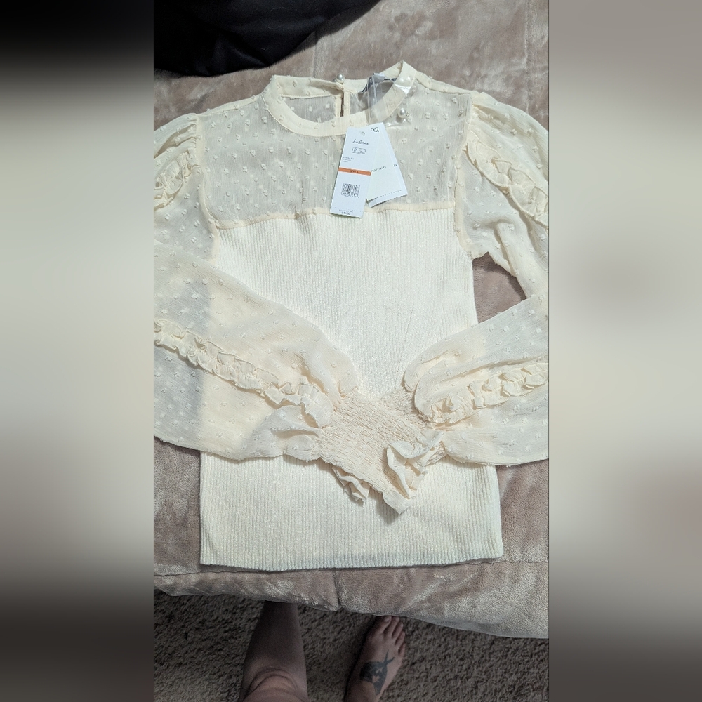 Sam Edelman Cream Off-the-Shoulder Sweater with Lace Detail